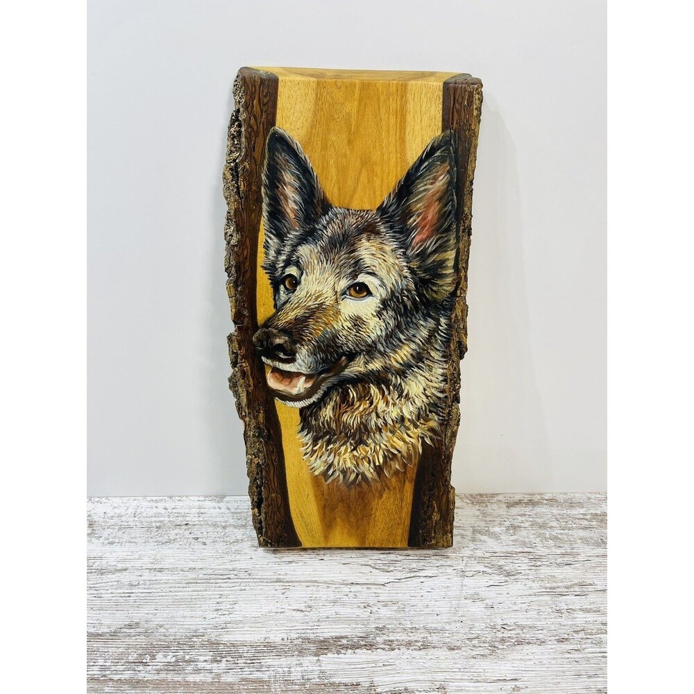 Nice Vintage German Shepherd Painting on Live Edge Wood Tree Bark 20'' x 10''